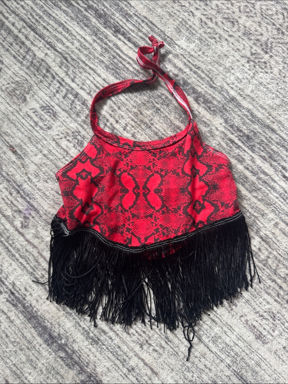 Red Snake-Print Fringe Halter crop top